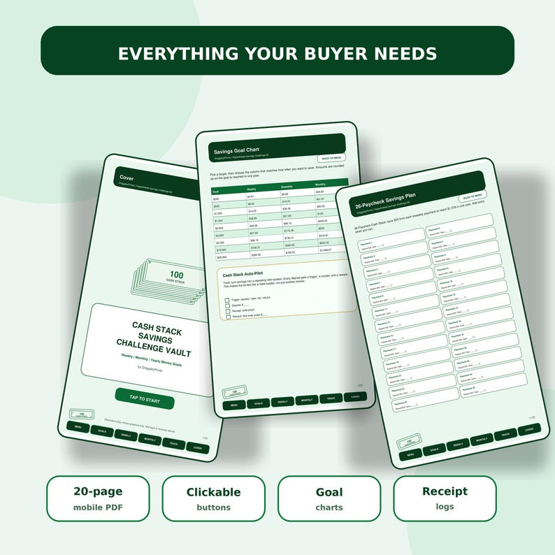 The image is a collage of three mobile PDF documents titled "Everything Your Buyer Needs" and "Savings Goal Chart". The documents appear to be related to financial planning and budgeting, with a focus on goal-setting and savings strategies.
