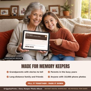 An elderly woman and a young girl are sitting together on a couch, smiling and holding a tablet device. The tablet displays a website called "Made for Memory Keepers", which offers a memory book for grandparents and parents. The image also includes text highlighting the book's features, such as allowing grandparents to share stories with their loved ones, and providing a long-distance family and friends with access to photos.