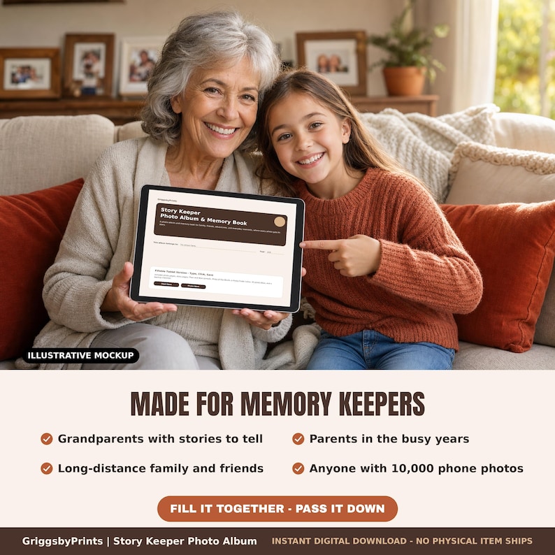 An elderly woman and a young girl are sitting together on a couch, smiling and holding a tablet device. The tablet displays a website called "Made for Memory Keepers", which offers a memory book for grandparents and parents. The image also includes text highlighting the book's features, such as allowing grandparents to share stories with their loved ones, and providing a long-distance family and friends with access to photos.
