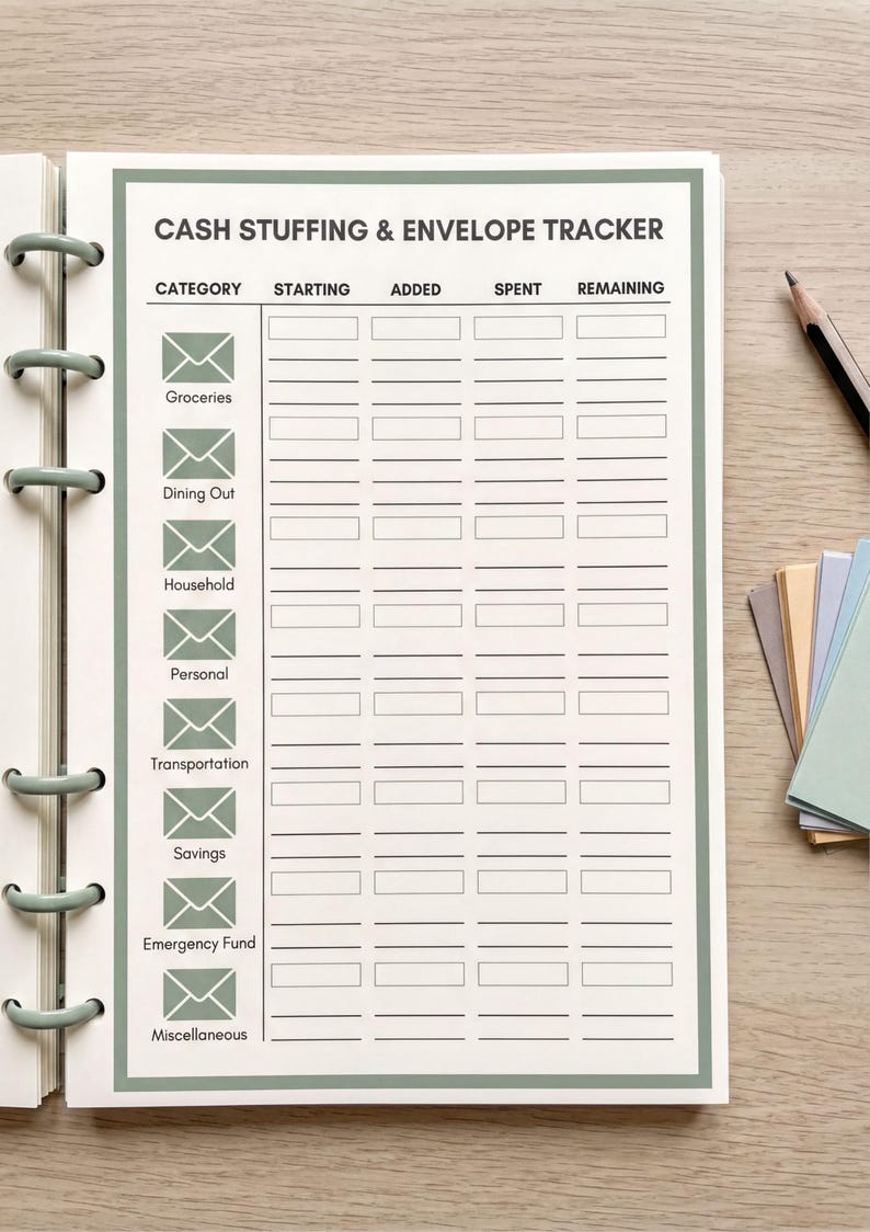 a cash stuffing and envelope tracker notebook on a wooden surface, with a pen and some colored paper nearby.