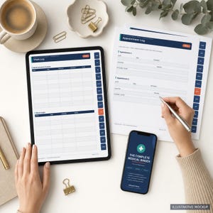 a person's hands working on a tablet and a smartphone, surrounded by various office supplies and a plant, with a clipboard and a cup of coffee nearby.