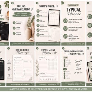 The image is a collage of various elements promoting a ADHD-friendly reset planner, including a book, a tablet, and a list of features.