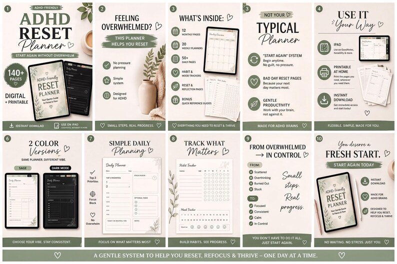 The image is a collage of various elements promoting a ADHD-friendly reset planner, including a book, a tablet, and a list of features.