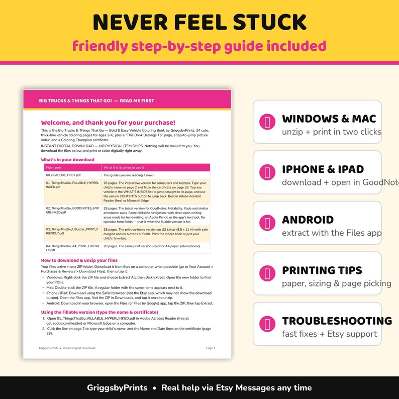 The image is a page from a guide that includes a welcome message, a friendly step-by-step guide, and instructions on how to download and zip files.
