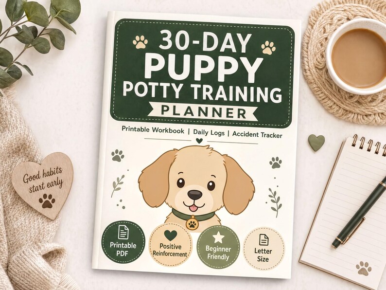a book titled "30-Day Puppy Potty Training Planner" with a cartoon image of a dog on the cover. The book is placed on a table alongside a cup of coffee, a notebook, and a pen.