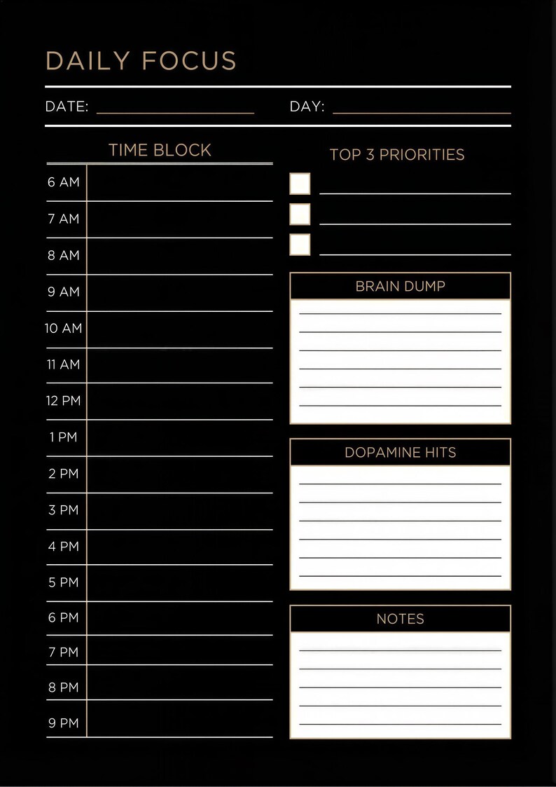The image is a daily focus schedule with a black background and white text. It includes sections for daily focus, time block, top 3 priorities, brain dump, dopamine hits, and notes. The schedule is organized into a daily routine, with specific times designated for each task or activity.