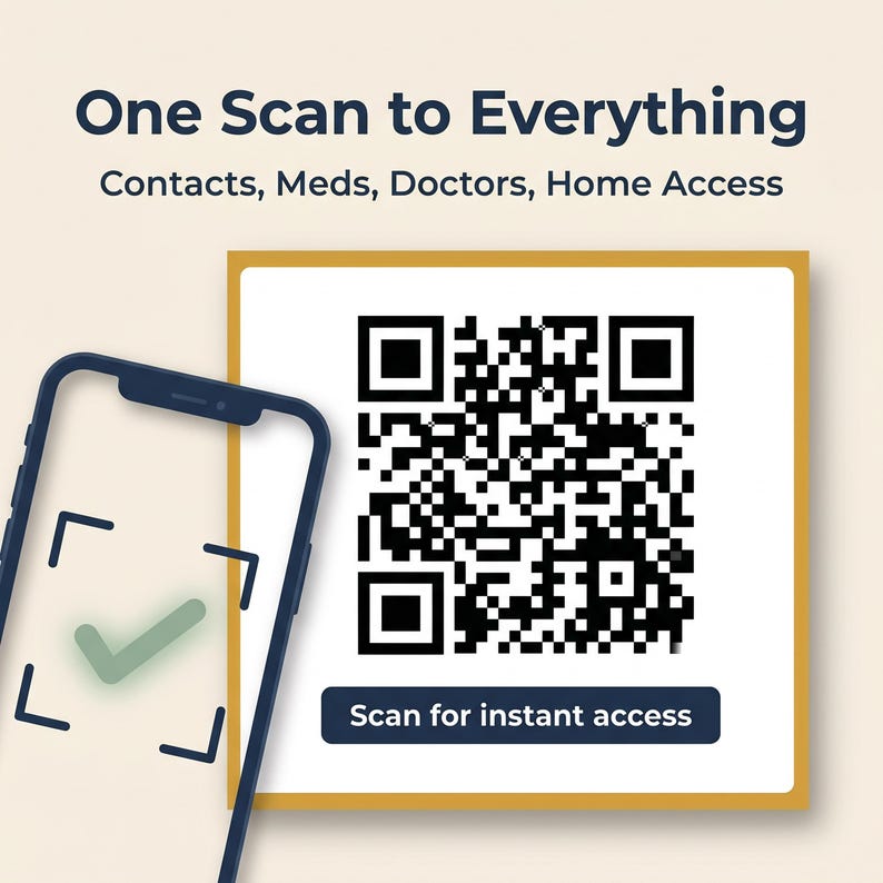 a smartphone with a QR code displayed on its screen, along with a QR code on a white background. The text above the smartphone reads "One Scan to Everything" and below the smartphone, it says "Scan for instant access".