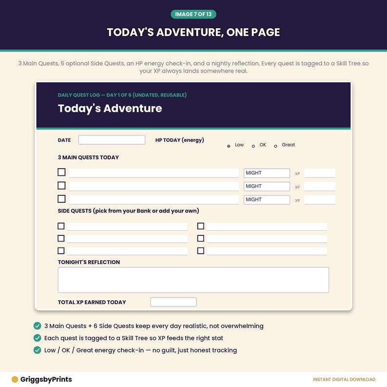 The image is a single page with a title, a header, and a footer. The page contains a form for a daily log, with fields for the date, HP to energy, and side quest details. The page also includes a section for the user's reflection on the day's adventure.