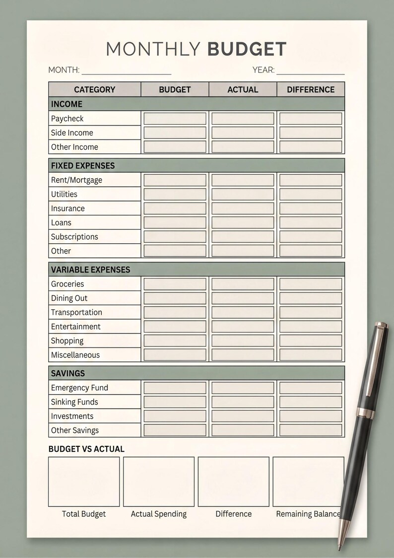 The image is a printed Monthly Budget form with a pen resting on top of it. The form includes various sections for tracking income, expenses, and savings, as well as a section for comparing the budget to the actual spending.