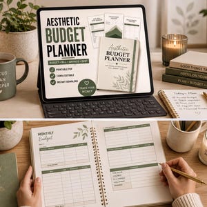 The image is a collage of three photos. In the top photo, a laptop is open, displaying a budget planner app with a green cover and white text. The middle photo shows a person's hands holding an open notebook with a green cover and white text, indicating the use of the budget planner. The bottom photo shows a desk with a laptop, a notebook, and a candle, with a person's hands visible, suggesting the use of the budget planner.