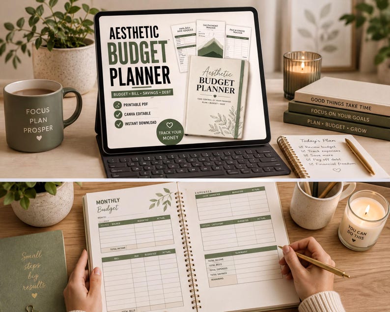 The image is a collage of three photos. In the top photo, a laptop is open, displaying a budget planner app with a green cover and white text. The middle photo shows a person's hands holding an open notebook with a green cover and white text, indicating the use of the budget planner. The bottom photo shows a desk with a laptop, a notebook, and a candle, with a person's hands visible, suggesting the use of the budget planner.