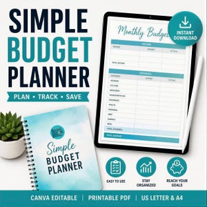 The image is an advertisement for a "Simple Budget Planner" that includes a notebook, a tablet, and a pen. The text on the image highlights the features of the planner, such as its ability to help users plan, track, and save money.