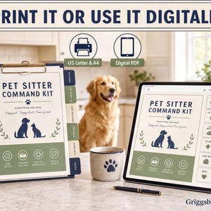 a pet sitting kit with a dog in the background, along with a clipboard and a tablet displaying the same pet sitting kit.