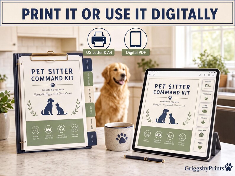 a pet sitting kit with a dog in the background, along with a clipboard and a tablet displaying the same pet sitting kit.