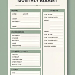 The image is a Monthly Budget form with various sections for income, fixed expenses, variable expenses, savings, and summary.