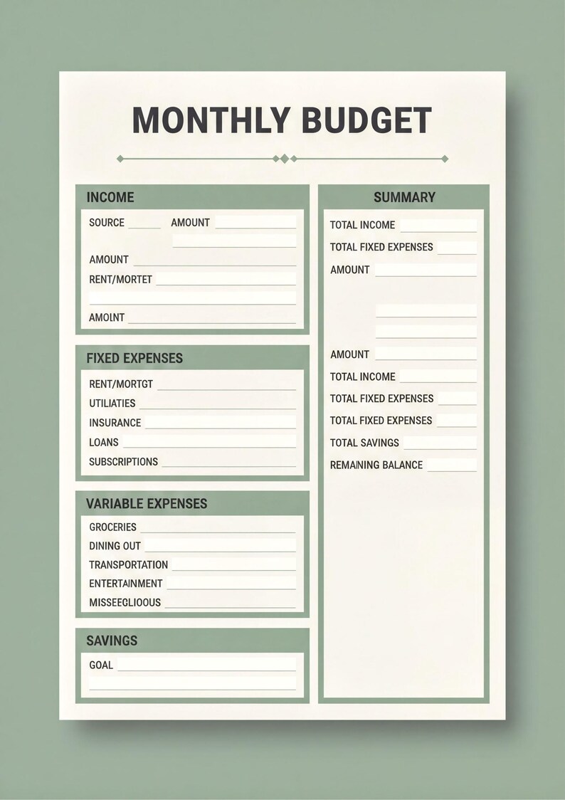 The image is a Monthly Budget form with various sections for income, fixed expenses, variable expenses, savings, and summary.