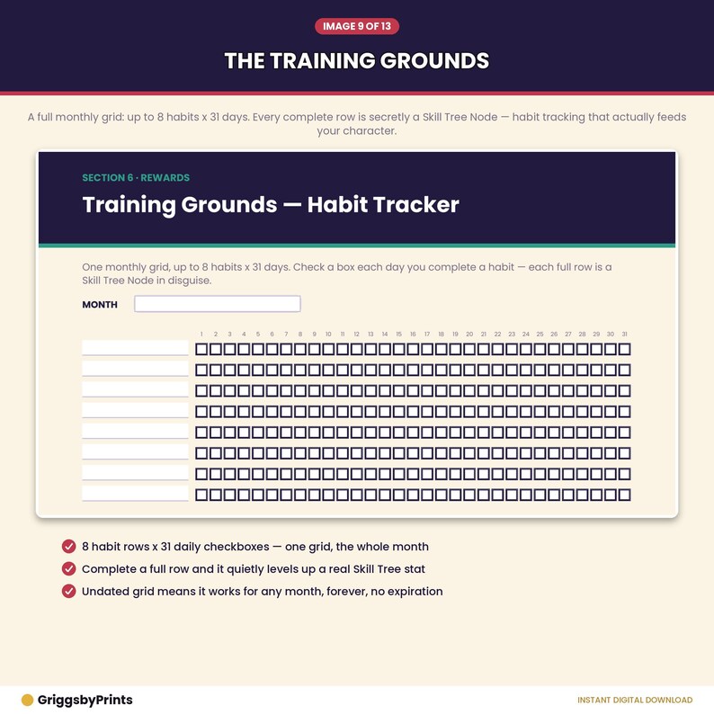 The training ground is a skill tree that tracks habits. It has a grid with 31 daily checkboxes, and the user can complete a full row each day to earn a real Skill Tree stat. The grid is designed to work for any month, and it is updated every 31 days. The user can track their habits and progress over time.