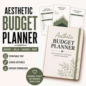 The image is an advertisement for a budget planner, featuring a book with a leafy design and a mountain landscape. The text highlights the planner's features, such as printable PDFs, canvas editable content, and instant download. The image also includes a heart symbol and a note that the planner is designed to help users organize their finances and reach their goals.