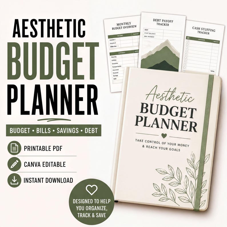 The image is an advertisement for a budget planner, featuring a book with a leafy design and a mountain landscape. The text highlights the planner's features, such as printable PDFs, canvas editable content, and instant download. The image also includes a heart symbol and a note that the planner is designed to help users organize their finances and reach their goals.