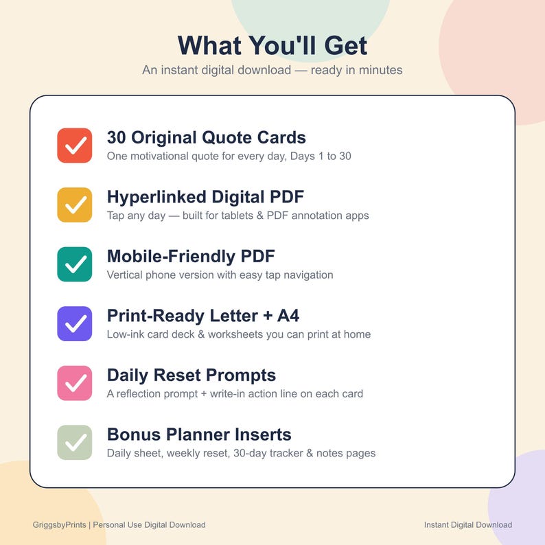 The image is a list of digital download options, including 30 original quote cards, Hyperlinked Digital PDF, Mobile-Friendly PDF, Print-Ready Letter + A4, Daily Reset Prompts, and Bonus Planner Inserts.
