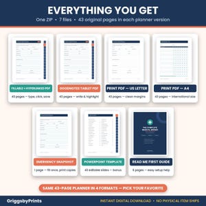 The image is a promotional graphic for a digital planner that offers various features and options for users. It displays a collection of different planners in four formats, each with unique features and benefits. The image highlights the convenience and versatility of the planners, which can be used on one or more devices, and emphasizes the ease of use and customization options provided by the planners.
