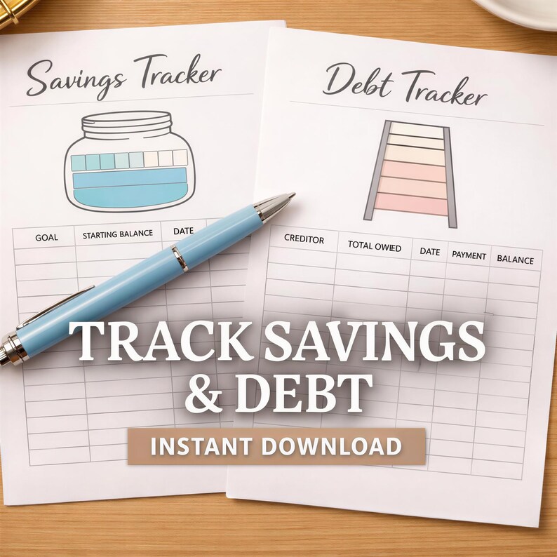 a savings and debt tracking worksheet with a pen and a jar of coins on a wooden surface.