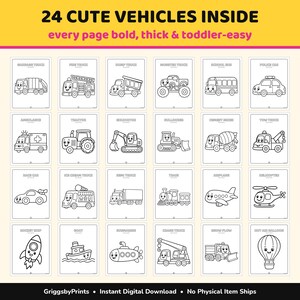 a collection of 24 different vehicles, including cars, trucks, trains, boats, and airplanes, all depicted in a simple line drawing style. The vehicles are arranged in a grid format, with each page containing a different vehicle. The text above the image reads "24 CUTE VEHICLES INSIDE every page bold, thick & toddler-easy".