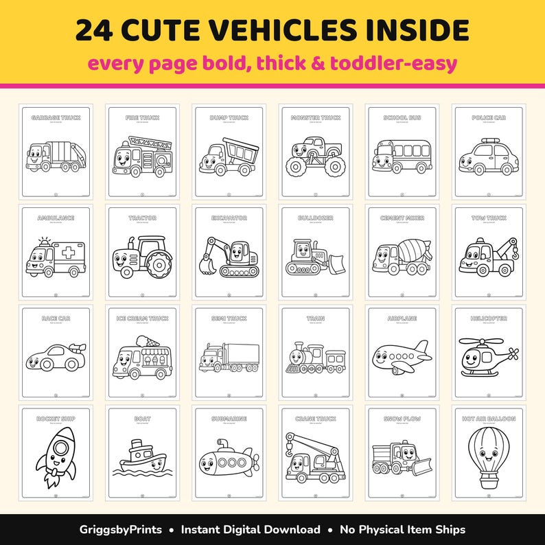 a collection of 24 different vehicles, including cars, trucks, trains, boats, and airplanes, all depicted in a simple line drawing style. The vehicles are arranged in a grid format, with each page containing a different vehicle. The text above the image reads "24 CUTE VEHICLES INSIDE every page bold, thick & toddler-easy".