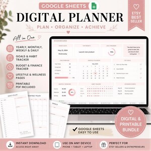 The image is a promotional advertisement for a digital planner that includes a laptop, a printed paper, and a heart-shaped button. The text highlights the benefits of the digital planner, such as its ability to track goals, organize tasks, and provide a dashboard for monitoring progress. The ad also mentions that the digital planner is available for download and can be used on various devices, and it emphasizes the ease of use.