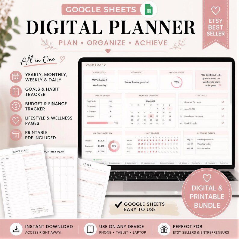 The image is a promotional advertisement for a digital planner that includes a laptop, a printed paper, and a heart-shaped button. The text highlights the benefits of the digital planner, such as its ability to track goals, organize tasks, and provide a dashboard for monitoring progress. The ad also mentions that the digital planner is available for download and can be used on various devices, and it emphasizes the ease of use.