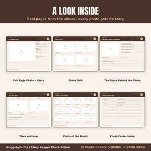 The image is a page from a story keeper photo album, containing a grid of photos with various captions. It has a total of 18 pages, and each page is linked to a specific version of the album. The album is described as having a total of 500 characters, and it is described as a collage of multiple images. The album is described as having a total of 500 characters, and it is described as being Hyperlinked.
