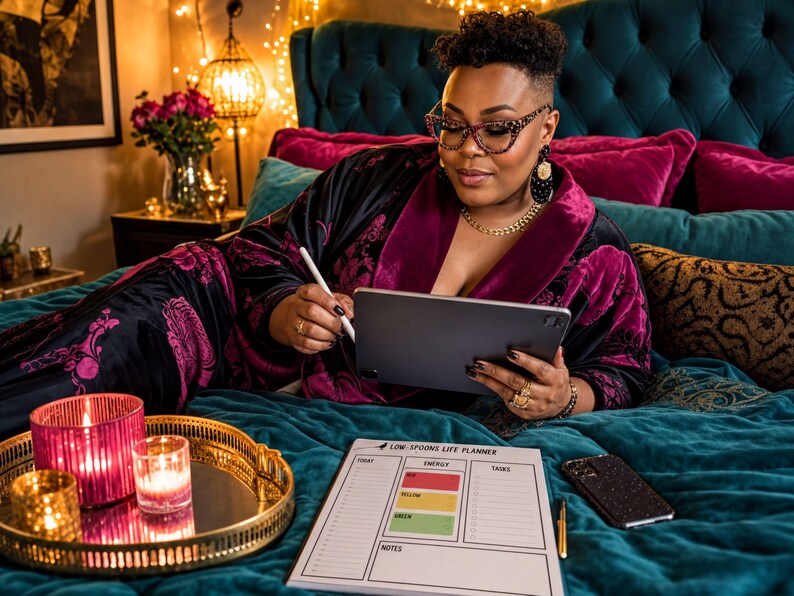 A woman in a purple robe is sitting on a bed, using a tablet and surrounded by various items, including a candle, a tray, and a notebook.