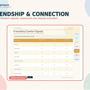 The image is a screenshot of a survey or feedback form titled "Friendship & Connection" from Grigsbyprimes. It appears to be a survey or feedback form for a company or organization, asking participants to rate their comfort levels in various aspects of friendship and connection.