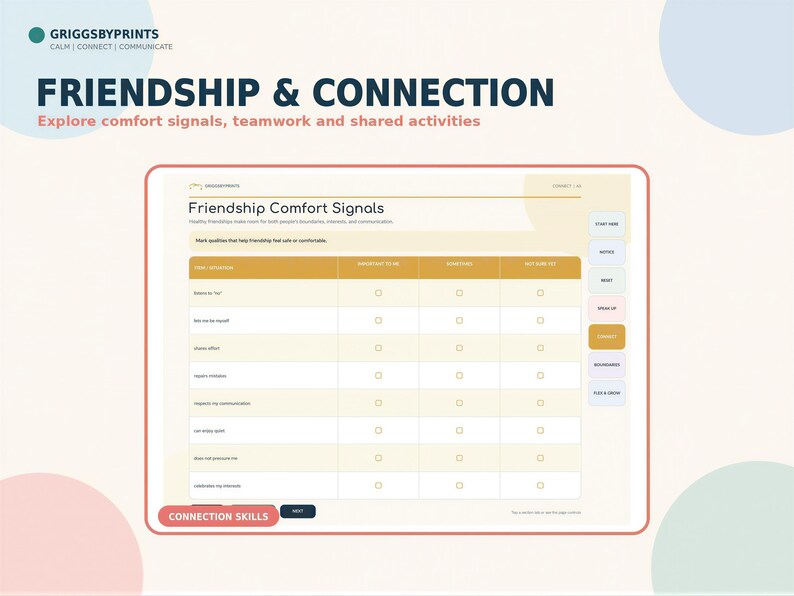 The image is a screenshot of a survey or feedback form titled "Friendship & Connection" from Grigsbyprimes. It appears to be a survey or feedback form for a company or organization, asking participants to rate their comfort levels in various aspects of friendship and connection.