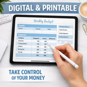a person is using a tablet with a balance sheet on it