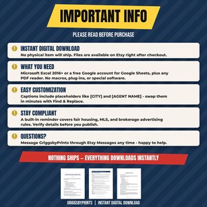 The image is a promotional poster for a product called "Instant Digital Download" that offers various digital products such as Microsoft Excel 2016, Google Sheets, and a free Google account for these services. The poster also provides information about the product, including the need for Microsoft Excel 2016 or a Google account, and easy customization options. The poster emphasizes the importance of reading the purchase information before buying the product.