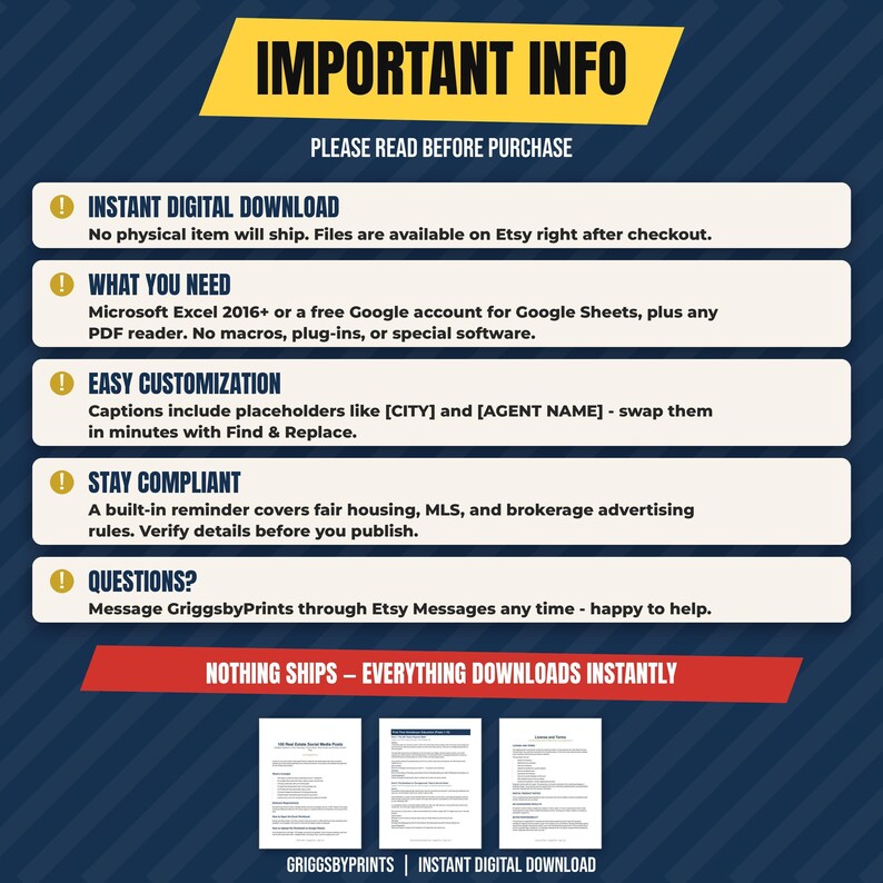 The image is a promotional poster for a product called "Instant Digital Download" that offers various digital products such as Microsoft Excel 2016, Google Sheets, and a free Google account for these services. The poster also provides information about the product, including the need for Microsoft Excel 2016 or a Google account, and easy customization options. The poster emphasizes the importance of reading the purchase information before buying the product.