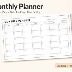 The image is a Monthly Planner with a calendar view, date tracking, and goal setting. It is a blank calendar with blank spaces for each day of the month.