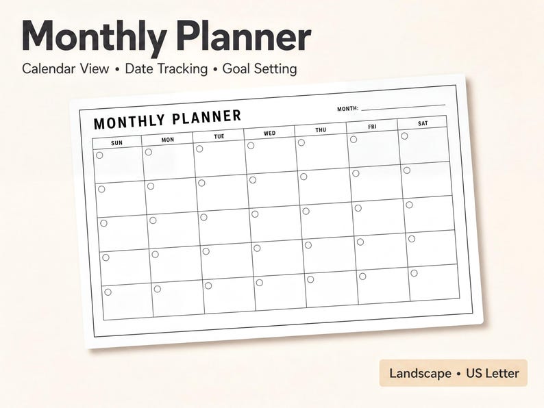 The image is a Monthly Planner with a calendar view, date tracking, and goal setting. It is a blank calendar with blank spaces for each day of the month.