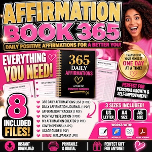 The image is an advertisement for an "AFFIRMATION BOOK 365" that includes daily positive affirmations, a gratitude journal, and a gratitude creator. The ad features a smiling woman and highlights the book's features, such as the 365 daily affirmations, 3 sizes, and included files.
