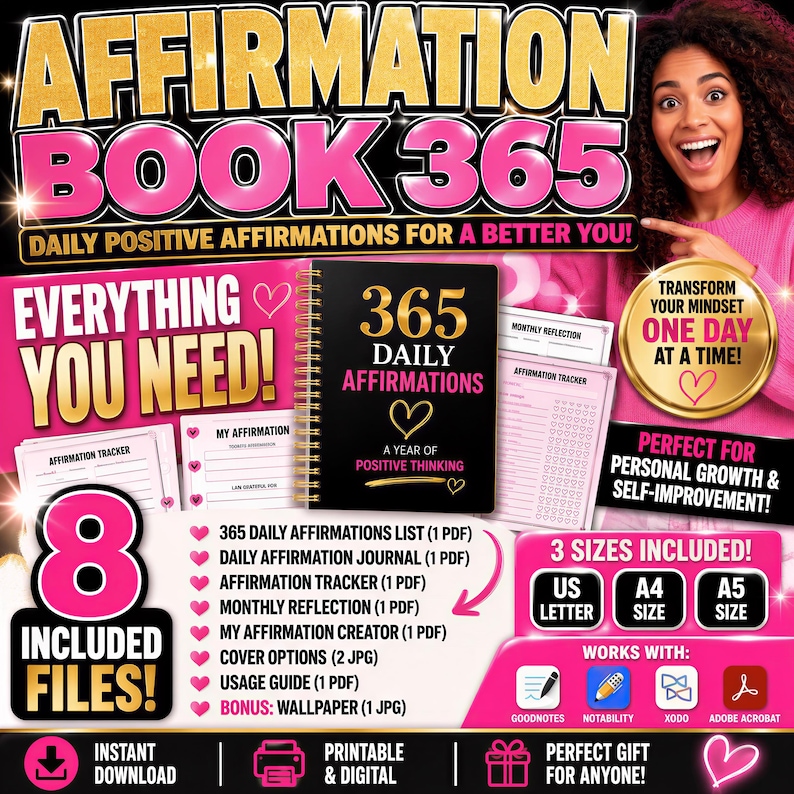 The image is an advertisement for an "AFFIRMATION BOOK 365" that includes daily positive affirmations, a gratitude journal, and a gratitude creator. The ad features a smiling woman and highlights the book's features, such as the 365 daily affirmations, 3 sizes, and included files.