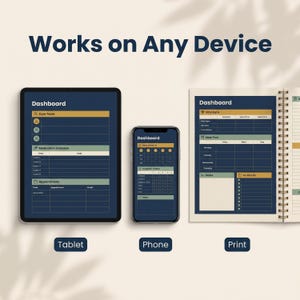 three different devices: a tablet, a phone, and a print. Each device has a separate screen with a similar interface, including a dashboard and a calendar.