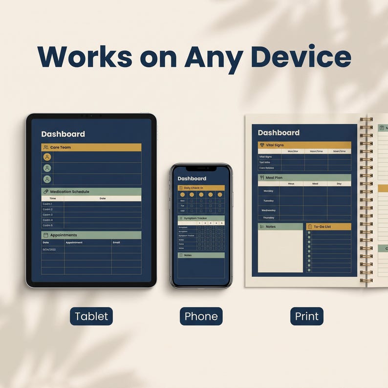 three different devices: a tablet, a phone, and a print. Each device has a separate screen with a similar interface, including a dashboard and a calendar.