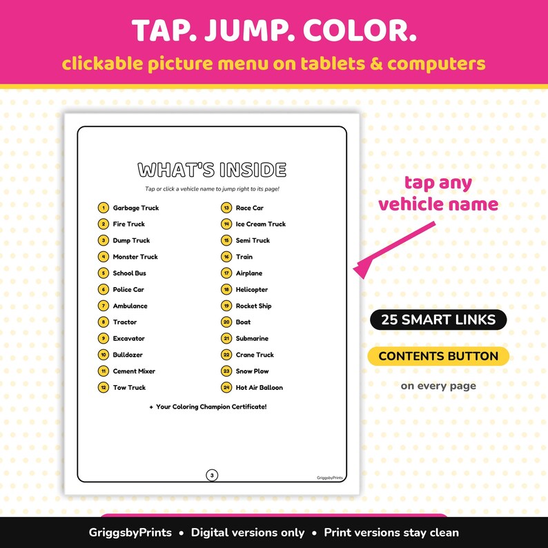 The image is a promotional poster for a coloring challenge called "WHAT'S INSIDE". It features a list of 25 vehicle names and a button that says "CONTENTS BUTTON" on every page. The poster also includes a "GriggsbyPrints" logo and a "Digital versions only" notice.