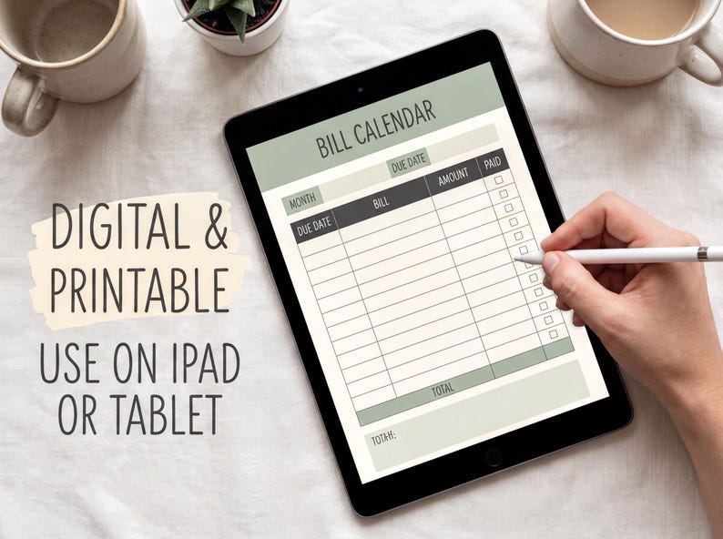 a tablet with a bill calendar app open, and a person's hand is seen writing on the tablet. The tablet is placed on a table, and there are two cups visible in the background.