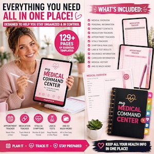 The image is an advertisement for a medical organization service called "My Medical Command Center". It features a smiling woman holding a tablet, with various sections of the service highlighted. The text includes phrases like "Everything you need", "All in one place", and "Medical overview".