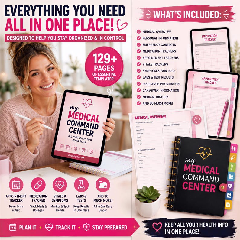 The image is an advertisement for a medical organization service called "My Medical Command Center". It features a smiling woman holding a tablet, with various sections of the service highlighted. The text includes phrases like "Everything you need", "All in one place", and "Medical overview".