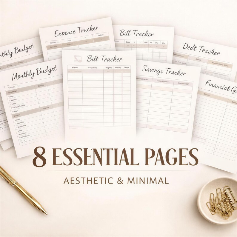 a collection of eight essential pages from a budgeting and financial planning software, arranged on a white background. The pages are labeled with various categories such as Expense Tracker, Bill Tracker, Debt Tracker, and Savings Tracker, providing a comprehensive overview of the software's features.