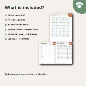 The image is a promotional image for a 30-day overview plan, which includes a digital tablet, print-friendly PDF, daily lesson pages, routine builder, reward menu, weekly reviews, skill tracker, log page, and certificate. The plan is designed to be built as a workbook, not just a checklist.