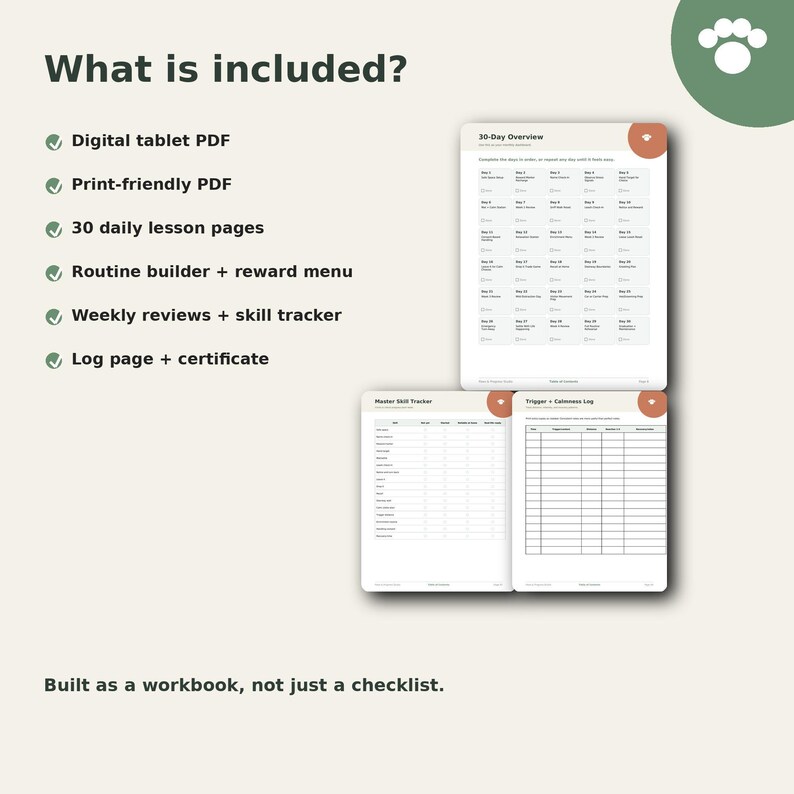 The image is a promotional image for a 30-day overview plan, which includes a digital tablet, print-friendly PDF, daily lesson pages, routine builder, reward menu, weekly reviews, skill tracker, log page, and certificate. The plan is designed to be built as a workbook, not just a checklist.